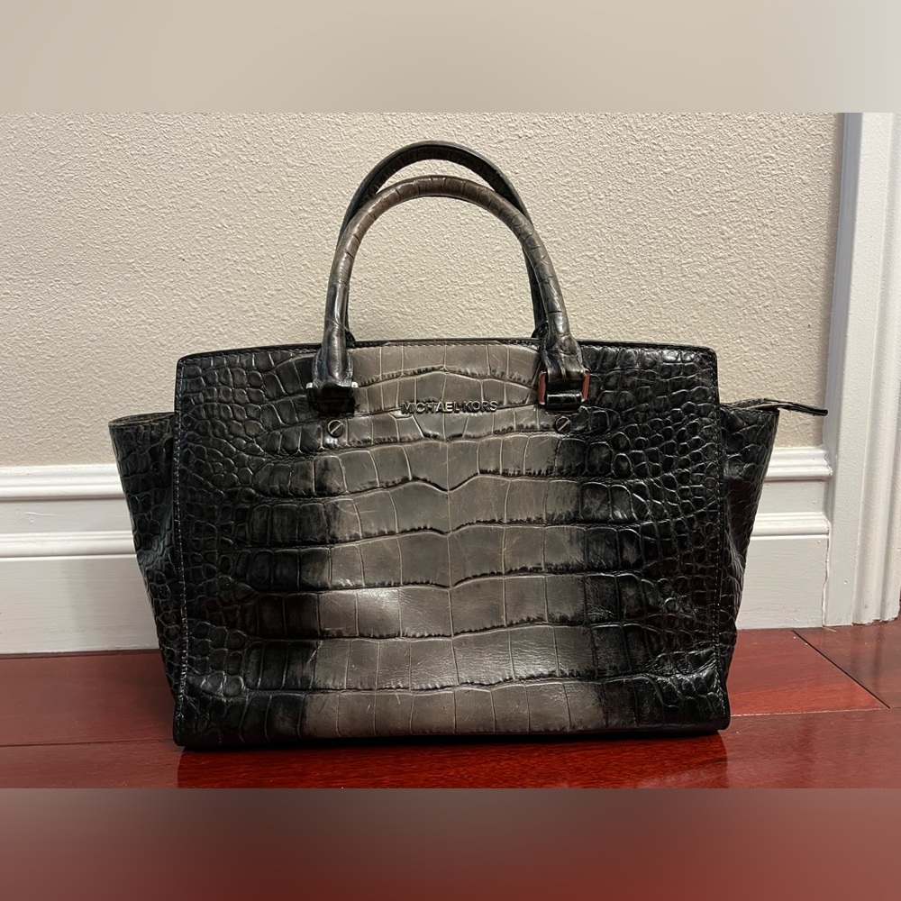 Michael Kors Selma Gray Croc Embossed Leather Purse Top Handle Satchel Handbag